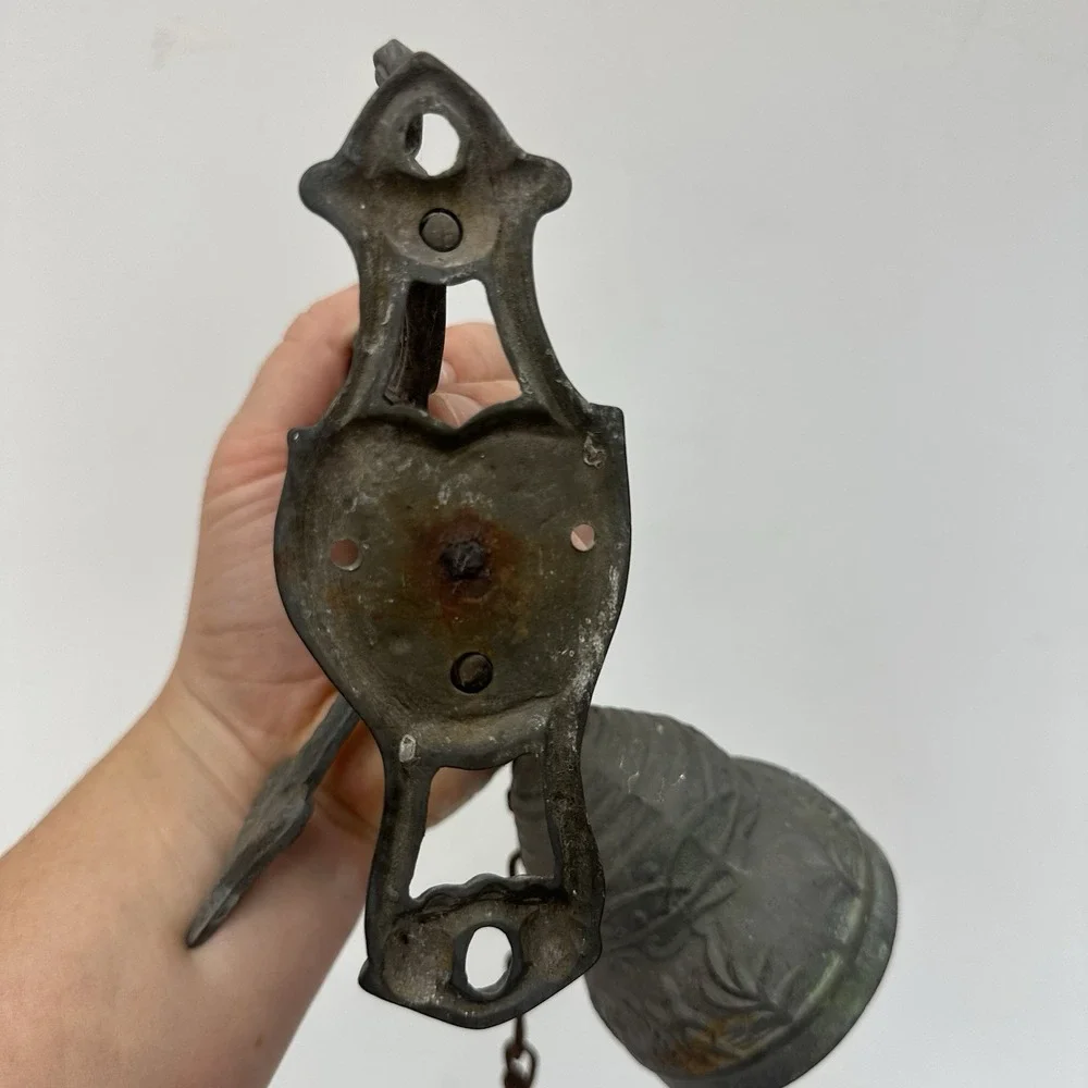 Vintage Brass Wall-Mounted Door Monastery Bell W/ Chain & Pull Handle Patina